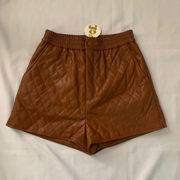 Idem ditto Pants - Idem ditto Higher Class Faux Leather Quilted Shorts Caramel Brown size M